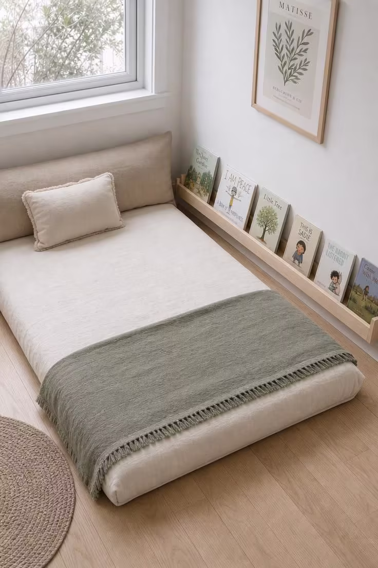 14 Dreamy Toddler Reading Nook Ideas for Little Readers 9 Montessori floor bed with cream linen bedding beside a low birch shelf of face-forward books in a serene toddler bedroom