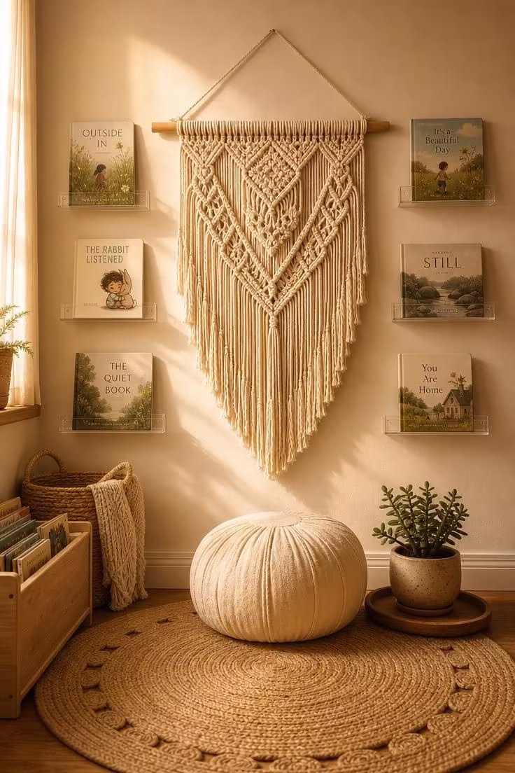14 Dreamy Toddler Reading Nook Ideas for Little Readers 10 Large macramé wall hanging between acrylic book ledges with a cream cotton pouf and succulent on a jute rug