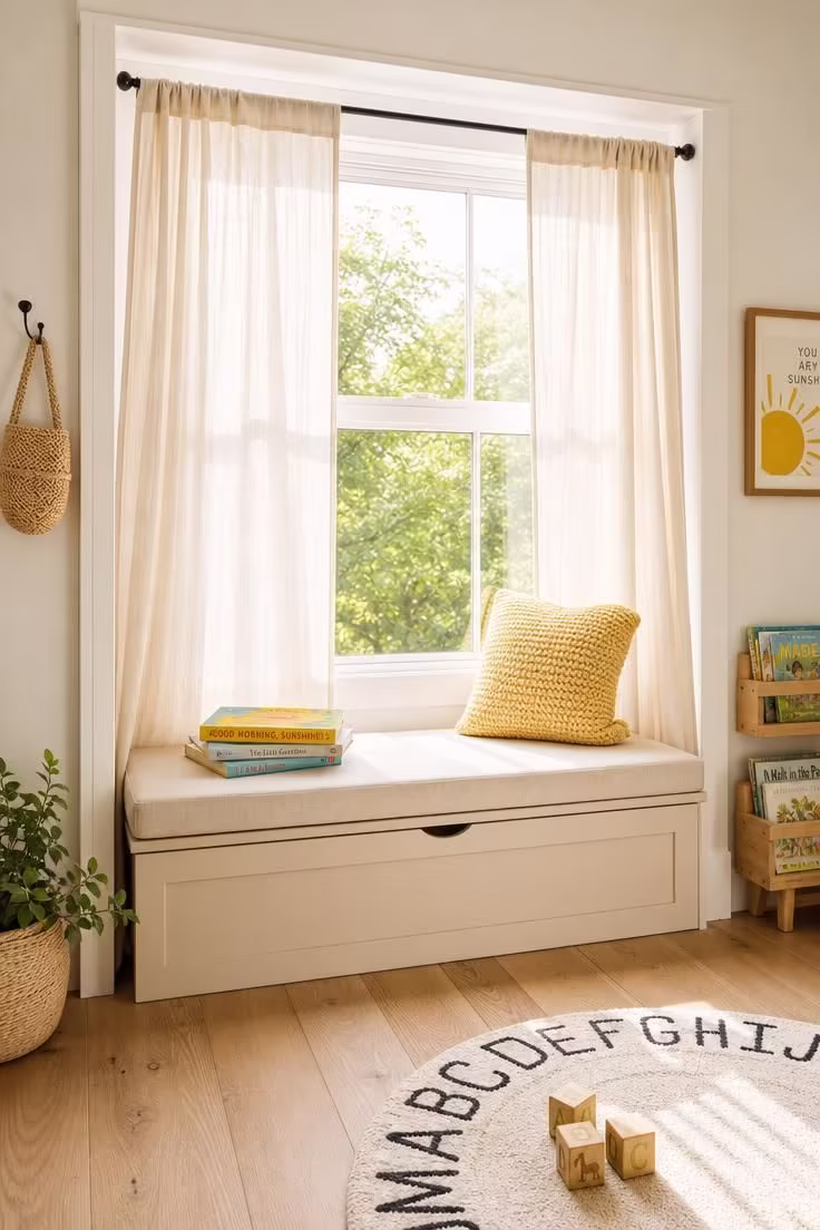 14 Dreamy Toddler Reading Nook Ideas for Little Readers 11 Low window seat with oat linen cushion and cream linen curtain panels creating a semi-enclosed reading nook in bright midday light