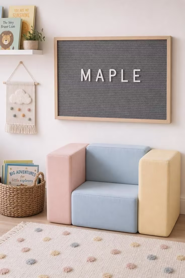 14 Dreamy Toddler Reading Nook Ideas for Little Readers 12 Gray felt letter board with a child's name above modular pastel foam blocks arranged as a mini sofa beside a basket of books