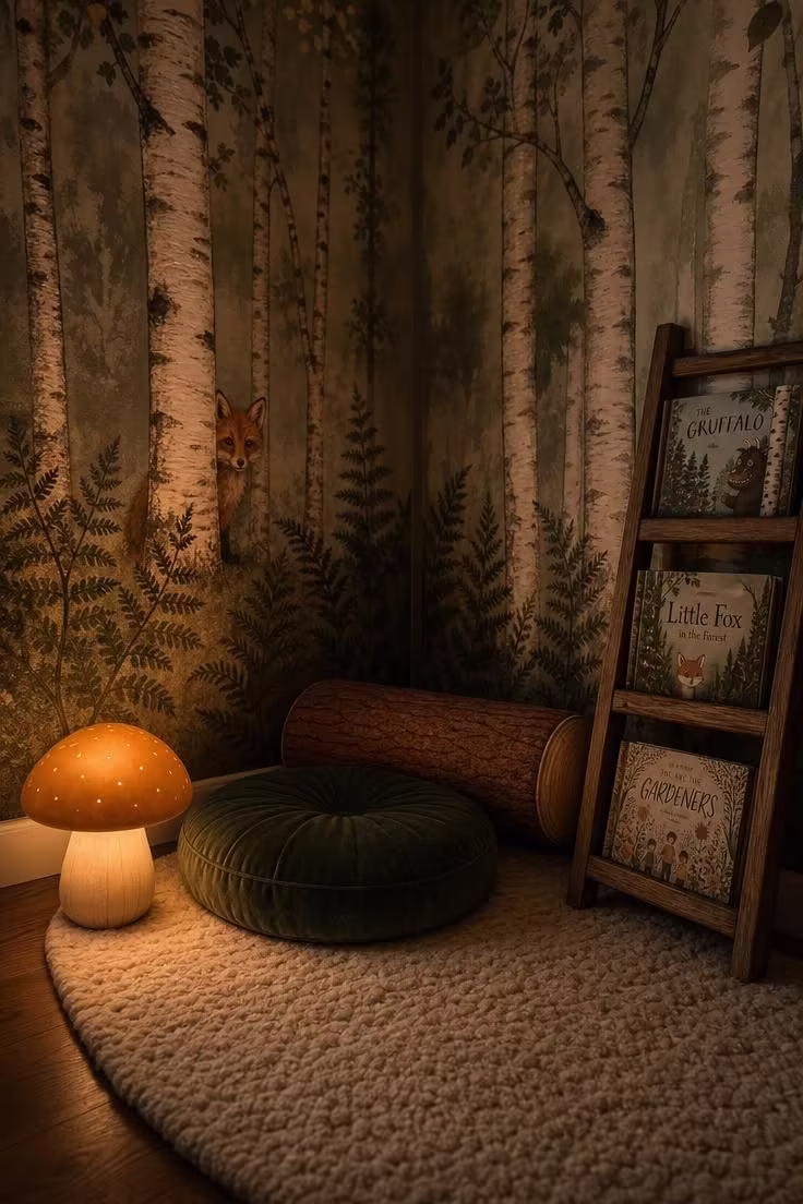14 Dreamy Toddler Reading Nook Ideas for Little Readers 13 Woodland mural corner with birch trees and a fox, mushroom floor lamp, green velvet cushion, and ladder-style bookshelf