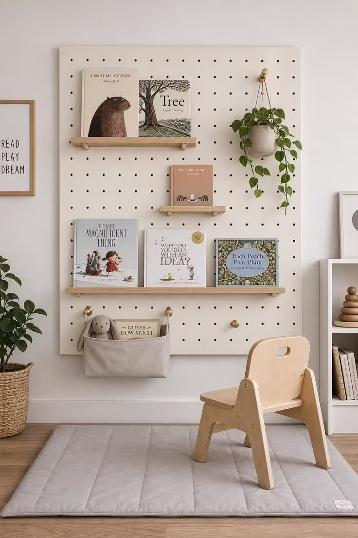 14 Dreamy Toddler Reading Nook Ideas for Little Readers 14 Ivory pegboard wall with adjustable maple shelves and brass hooks above a dove play mat and mini wooden chair
