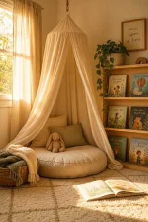 14 Dreamy Toddler Reading Nook Ideas for Little Readers 14 Cozy toddler reading nook with oatmeal floor cushion, cotton gauze canopy, birch bookshelf with face-forward books, and warm golden afternoon light