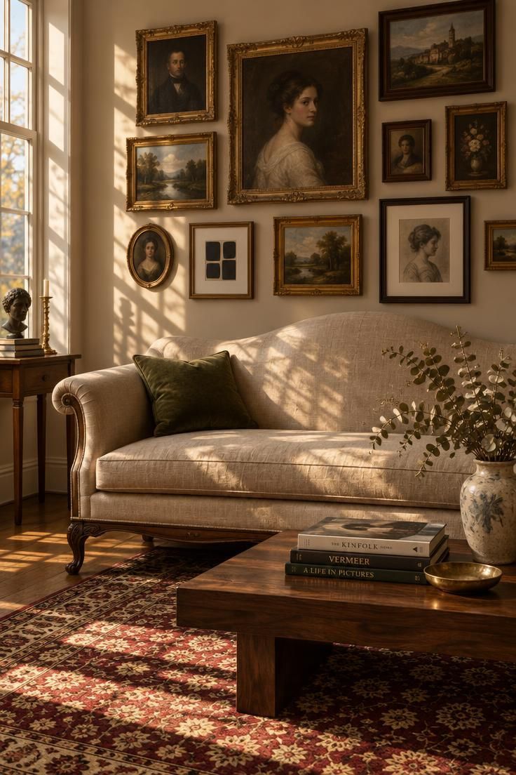 11 Warm Traditional Eclectic Decor Ideas for a Home 1 A camelback sofa in warm neutral upholstery beneath a gallery wall of mixed-era portrait frames, with a patterned wool rug and walnut coffee table in the foreground.