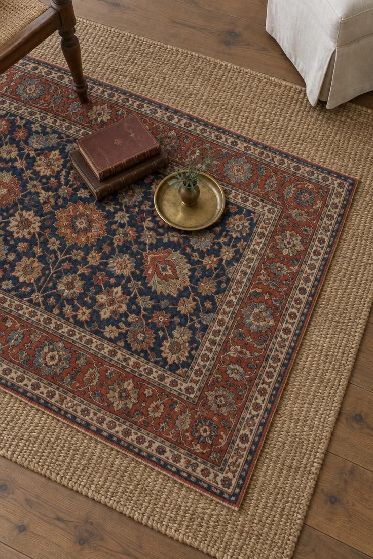 11 Warm Traditional Eclectic Decor Ideas for a Home 2 An overhead view of a patterned Persian-style wool rug laid at an angle over a larger natural jute rug, with wood floor visible at the edges and a chair leg entering the frame.