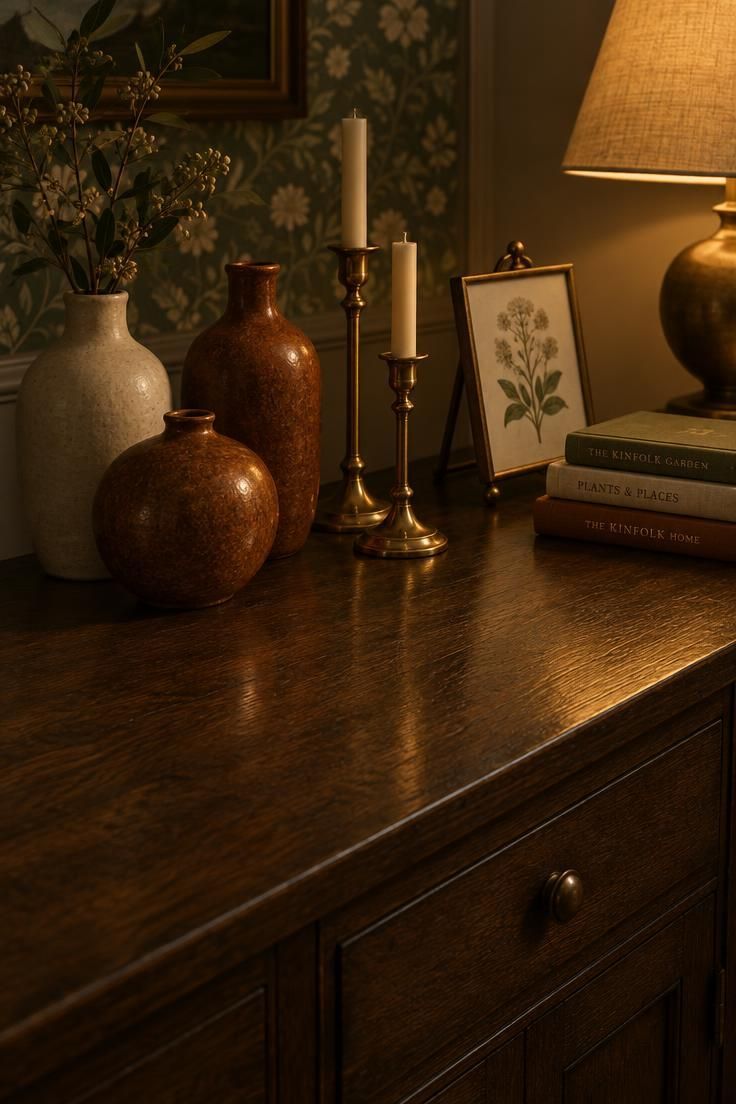 11 Warm Traditional Eclectic Decor Ideas for a Home 3 A close three-quarter view of a dark wood sideboard styled with ceramic vases, brass candlesticks, a small framed print, and stacked books against patterned wallpaper.
