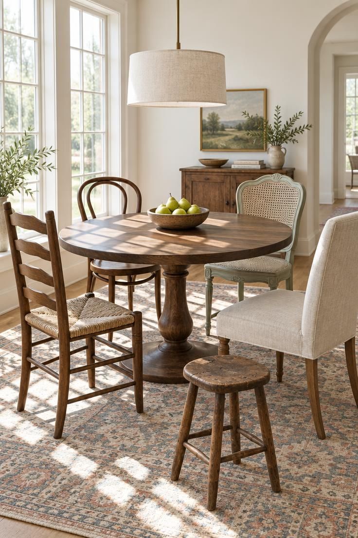 11 Warm Traditional Eclectic Decor Ideas for a Home 4 A round walnut pedestal dining table surrounded by five mismatched wood chairs in different eras and finishes, set on a patterned rug under a linen drum pendant.