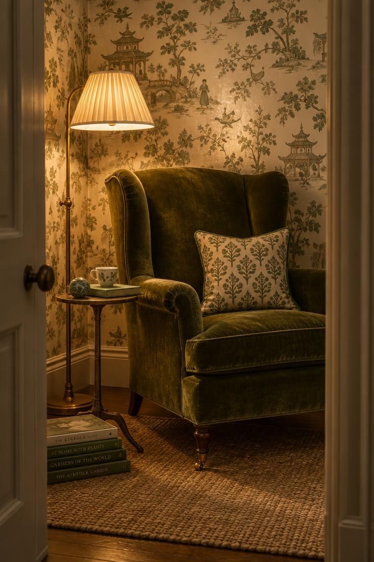 11 Warm Traditional Eclectic Decor Ideas for a Home 5 A wingback chair in deep olive velvet in a reading corner against a chinoiserie wallpapered accent wall, with a brass floor lamp, narrow side table, and stacked books.