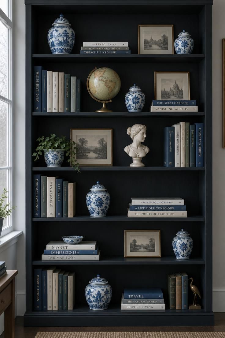 11 Warm Traditional Eclectic Decor Ideas for a Home 6 A tall black open bookshelf styled with blue-and-white porcelain, a vintage globe on a brass stand, framed prints, and a ceramic bust across shelves of varying density.