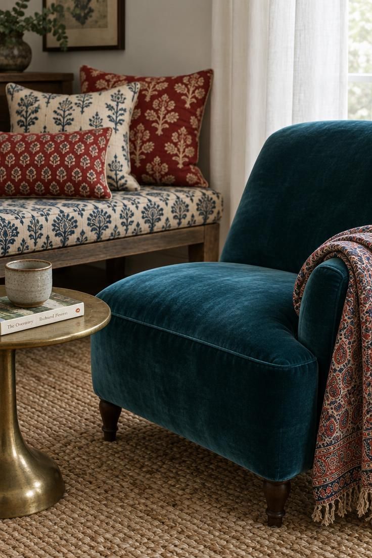 11 Warm Traditional Eclectic Decor Ideas for a Home 7 A teal velvet slipper chair beside a low bench piled with block-print cushions in red, cream, and indigo, with a patterned throw and a small brass side table.