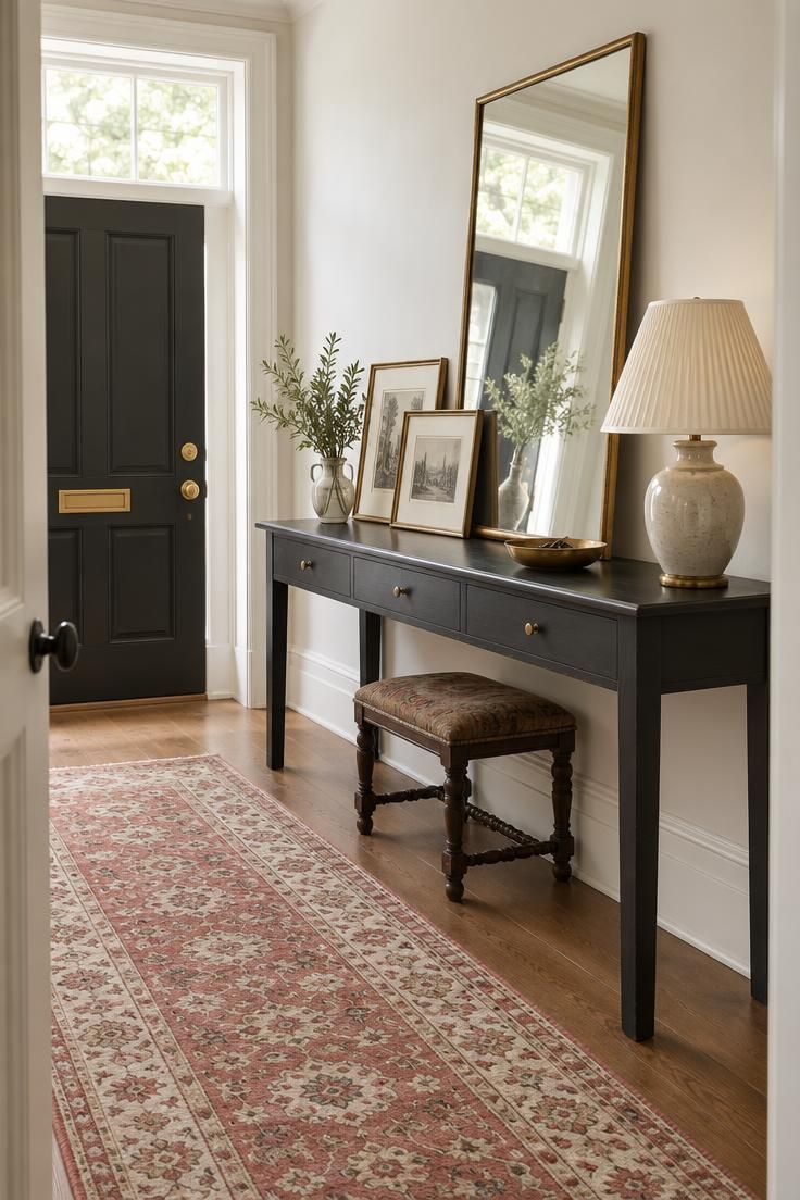 11 Warm Traditional Eclectic Decor Ideas for a Home 8 An entry console with a large leaning gilt mirror, layered framed etchings, a ceramic lamp, a brass key bowl, and a low stool, above a patterned runner.