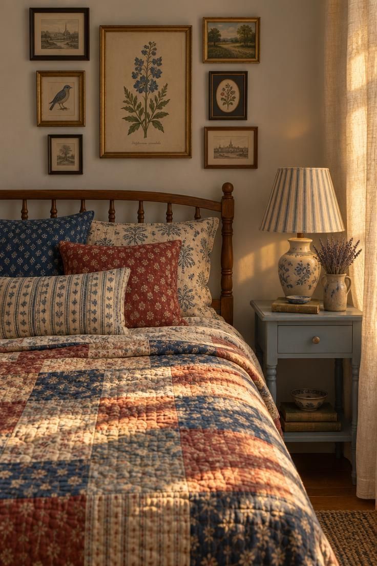 11 Warm Traditional Eclectic Decor Ideas for a Home 9 A bedroom corner with a vintage patchwork quilt and mismatched patterned pillows on a spindle bed, clustered framed prints above, and a painted nightstand with a lamp and vase.