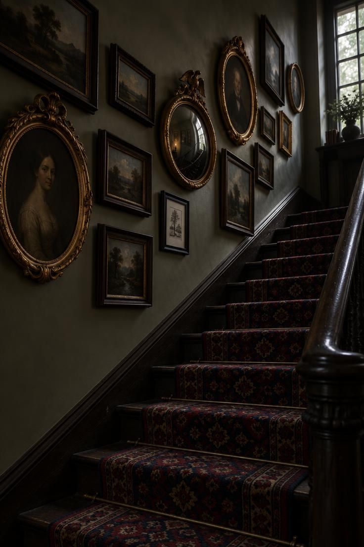 11 Warm Traditional Eclectic Decor Ideas for a Home 10 A stairwell gallery wall of mixed gilt and dark wood frames following the diagonal of the stairs, with a convex mirror near the middle and a patterned runner climbing the treads.