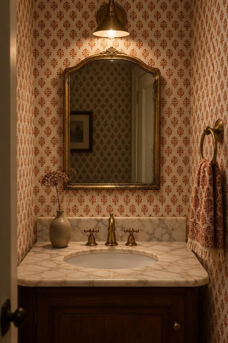 11 Warm Traditional Eclectic Decor Ideas for a Home 11 A powder room with cream and rust block-print wallpaper, a vintage gilt mirror above a marble vanity, brass fixtures, and a single bud vase.