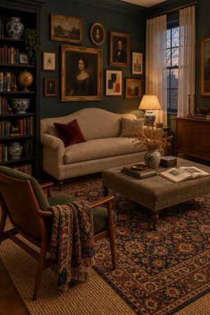 A warm traditional eclectic living room at dusk with a camelback sofa, mixed gallery wall, layered Persian and jute rugs, black bookshelf with blue-and-white porcelain, and brass accents.