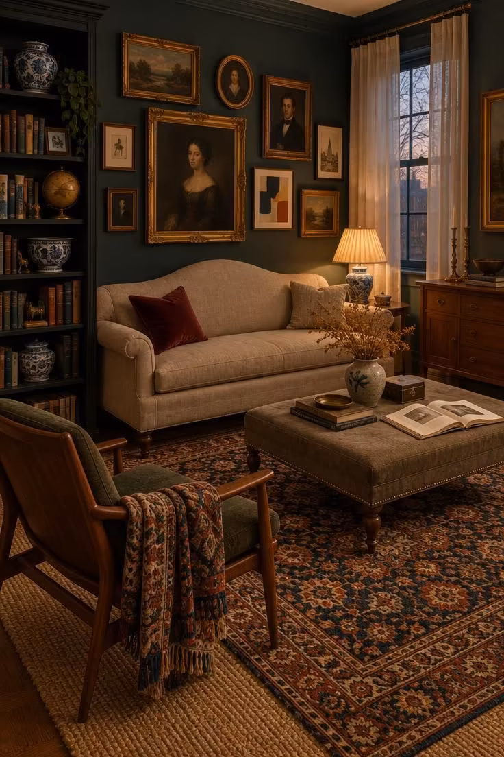 Simple Spaces 18 A warm traditional eclectic living room at dusk with a camelback sofa, mixed gallery wall, layered Persian and jute rugs, black bookshelf with blue-and-white porcelain, and brass accents.