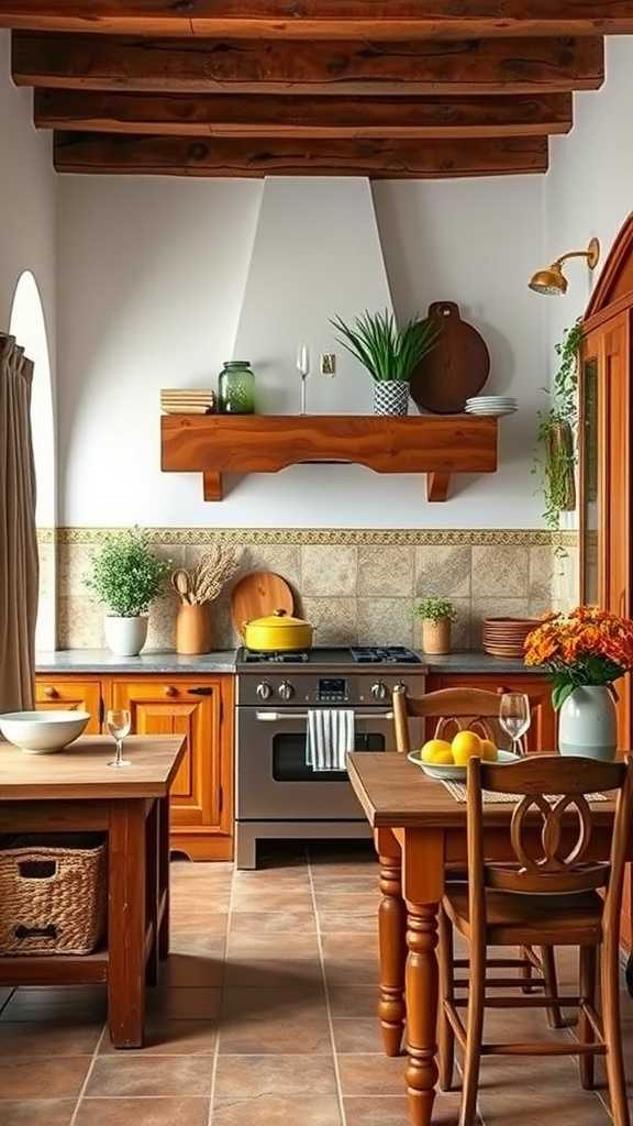 Traditional Spanish Mediterranean kitchen with dark wood furniture and warm decor.