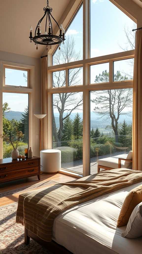 Elegant bedroom with large windows offering tranquil outdoor views.