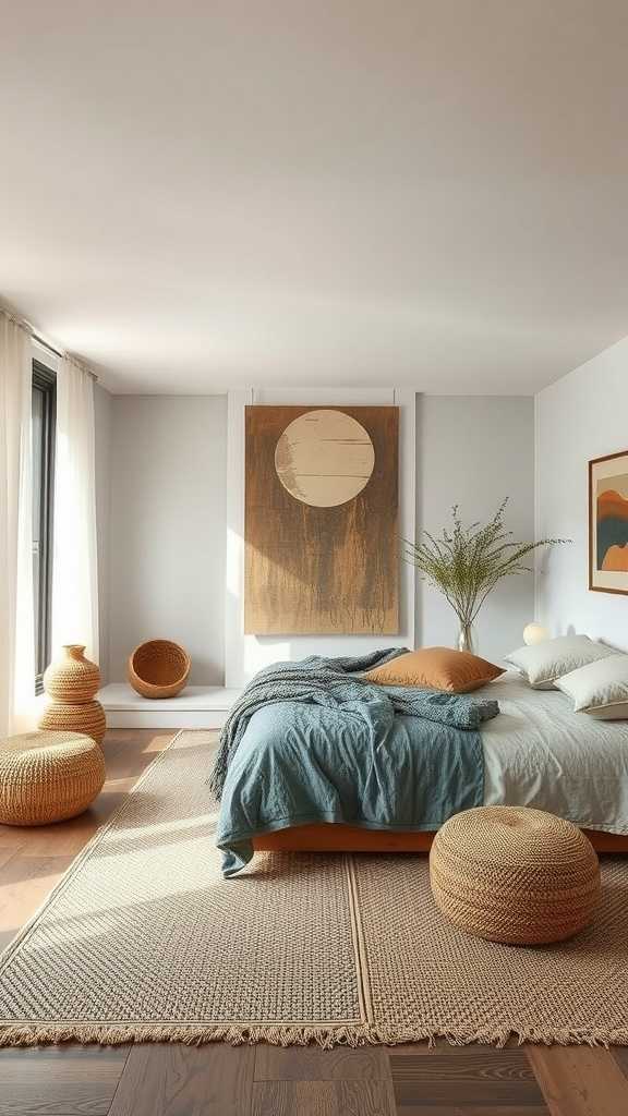 A serene wabi sabi bedroom featuring a cozy bed, natural wood elements, and soft textiles.