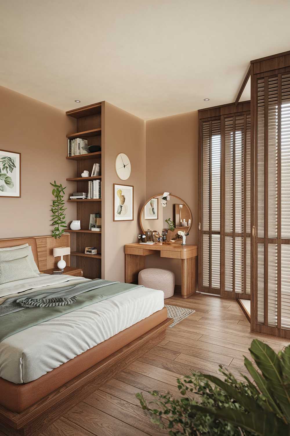 A cozy tropical japandi bedroom with a queen bed, a vanity desk, and a bookshelf. The walls are painted in a soft beige shade. The room has a large window with wooden blinds. The floor is made of wooden planks. There is a green plant near the window. The room also has a few decorative items, such as a wall clock and a few items on the bookshelf.