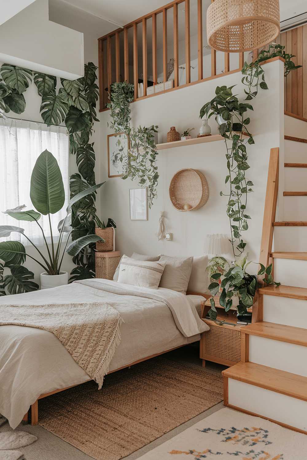 A cozy tropical japandi bedroom. There's a comfortable bed with a woven rug underneath it. The walls are adorned with greenery, including a large plant near the window and smaller plants on shelves. The room has wooden elements, such as the bedside table, shelves, and stairs leading to a loft. The room also has a few decorative items, such as a basket and a lamp. The floor is covered with a soft rug.