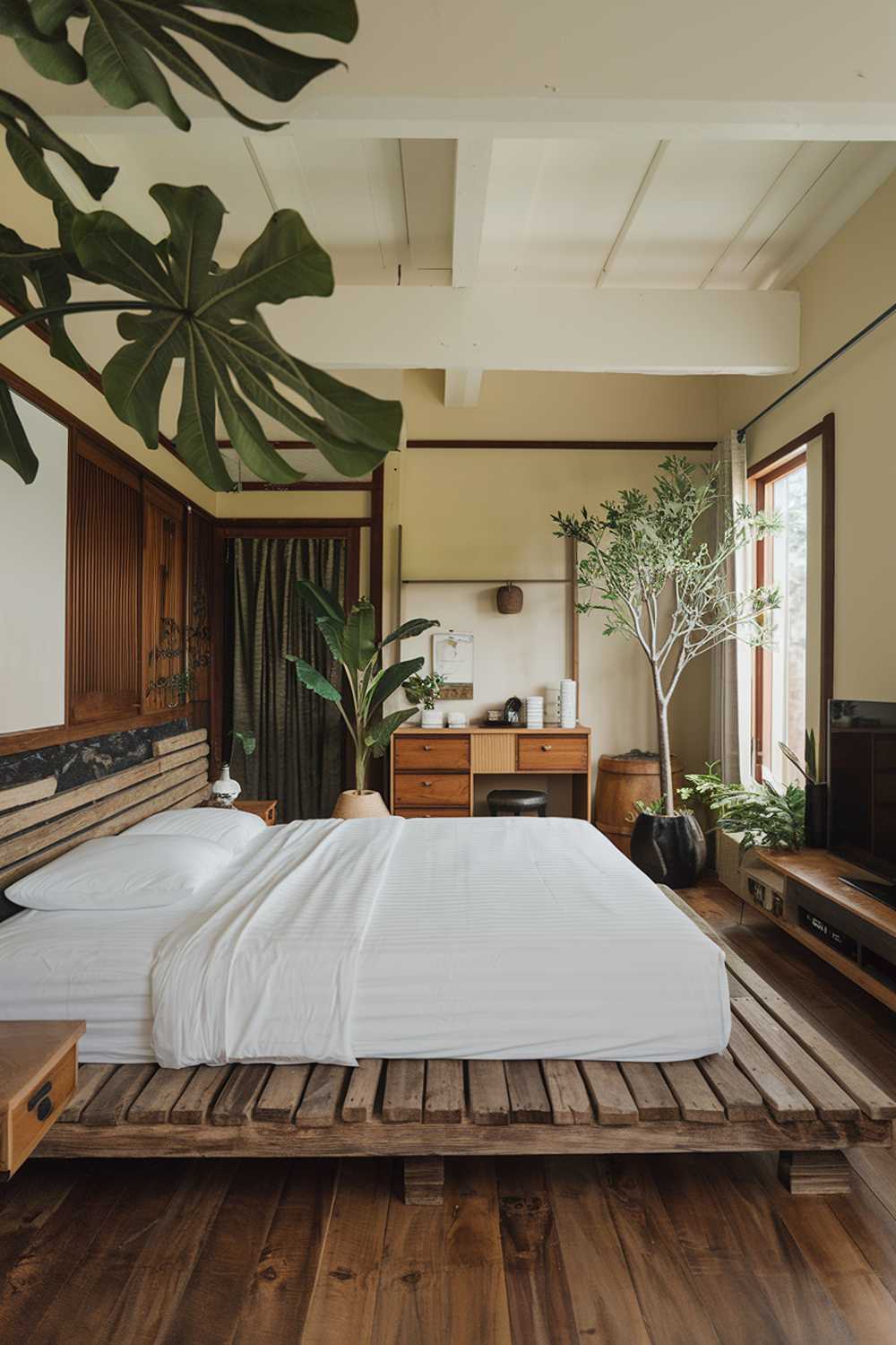 A cozy tropical japandi bedroom with a king-size bed. The room features a rustic wooden platform bed with a plush white mattress and a white sheet. The room is adorned with greenery, including a large potted plant and a small tree near the window. There are a few wooden furniture pieces, including a nightstand, a dresser, and a TV stand. The walls are painted a soft beige color, and the room has wooden flooring.