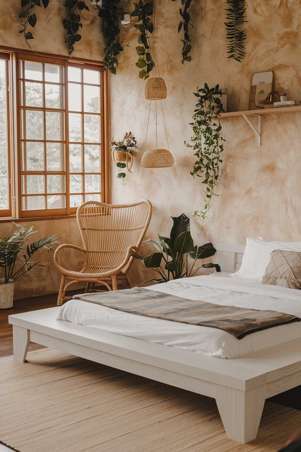 A cozy tropical japandi bedroom with a white wooden platform bed, a beige rug, and a few simple furniture pieces. The walls are adorned with plants and have a warm, earthy tone. There is a rattan chair in the corner, and a wooden shelf above the bed. The room has large windows with wooden frames, allowing natural light to fill the space.