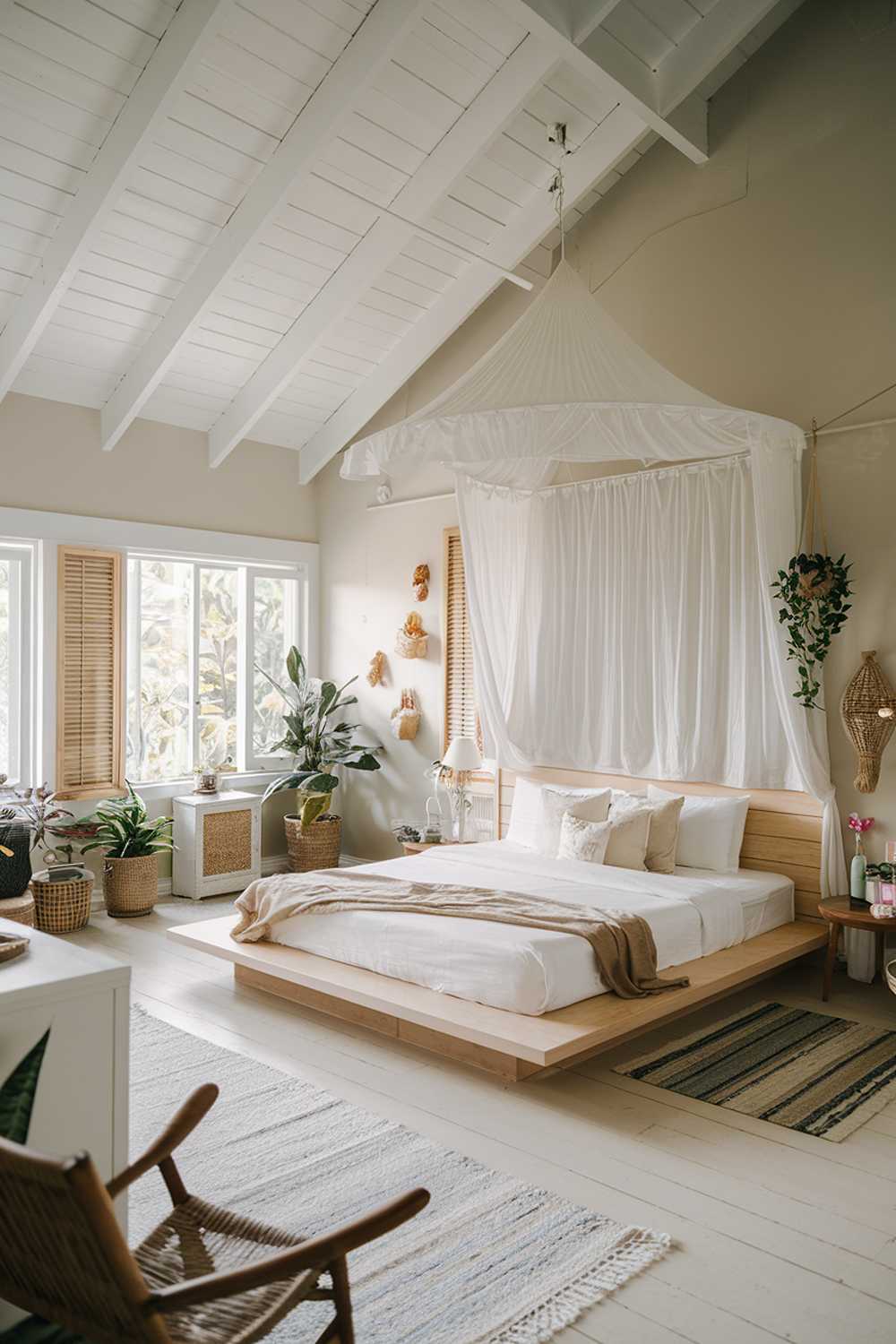 A cozy tropical japandi-style bedroom. The room has a high ceiling and is filled with natural light. The walls are painted white. There is a large platform bed with a white headboard and a white canopy. The bed is placed on a light wooden floor. The room has a few pieces of furniture, including a white cabinet, a wooden chair, and a small table. The room is decorated with plants and has a few personal items. The overall room has a clean and minimalistic aesthetic.