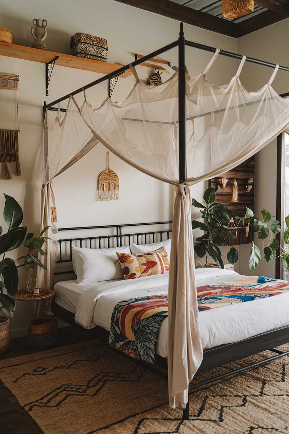 A cozy tropical japandi bedroom with a canopy bed. The bed is placed on a rug. There are wooden shelves on the wall. The room has a few potted plants. The walls have a few hanging items. The room has a few decorative items.