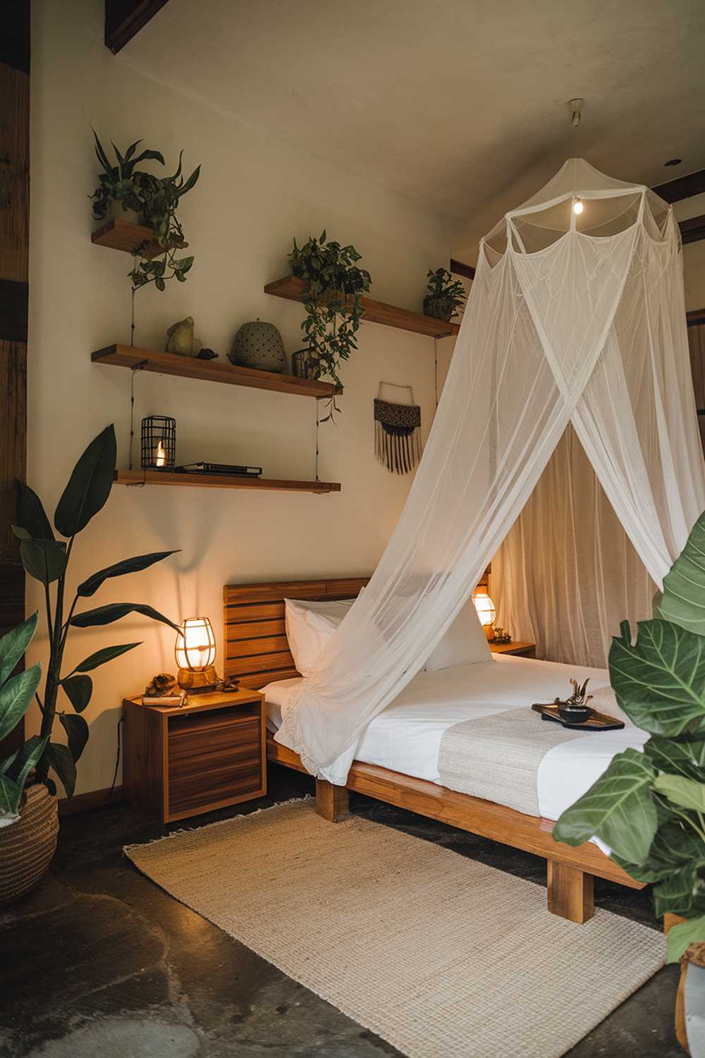 A cozy tropical japandi bedroom with a wooden platform bed, a white mosquito net, a beige rug, and a green plant. There's a wooden nightstand beside the bed with a lamp. The walls are adorned with wooden shelves holding green plants and decorative items. The room has a warm lighting.