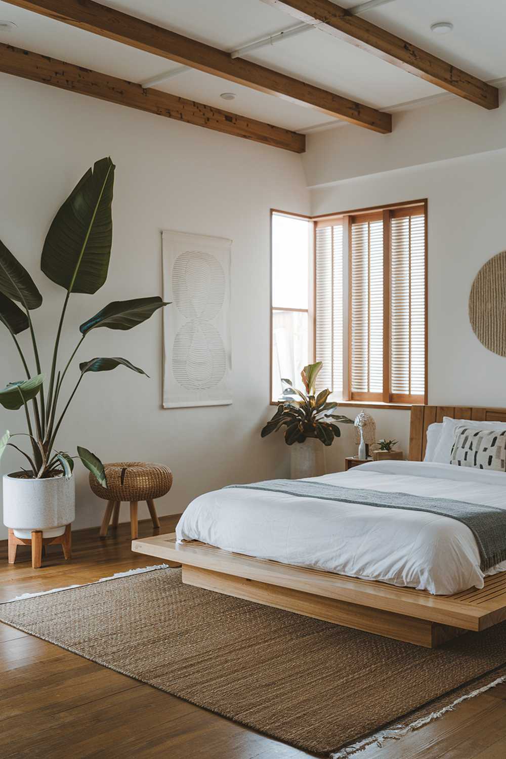 A cozy tropical japandi bedroom with a wooden platform bed, a woven rug, and a few pieces of furniture. There's a large potted plant near the bed, and the walls are adorned with minimalist art. The room has wooden beams on the ceiling and a window with wooden shutters. The floors are made of wood.