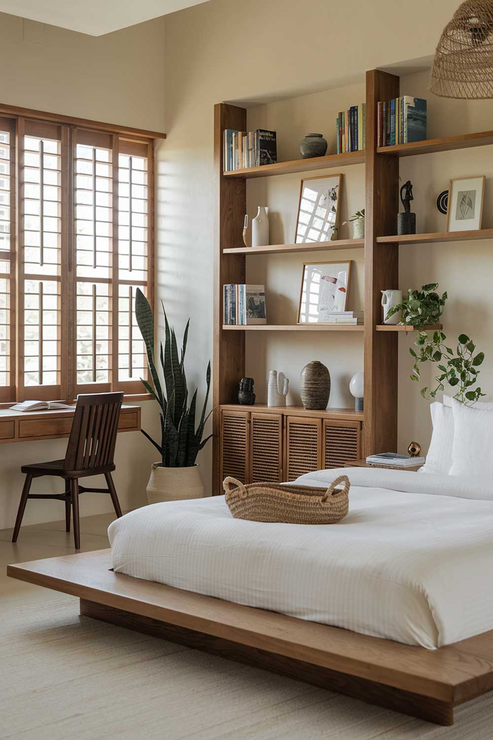 A cozy tropical japandi bedroom with a wooden platform bed, white linens, and a woven basket. There's a wooden bookshelf filled with books and decorative items. The room has a large window with wooden shutters, a small desk with a chair, and a potted plant. The walls are painted beige.