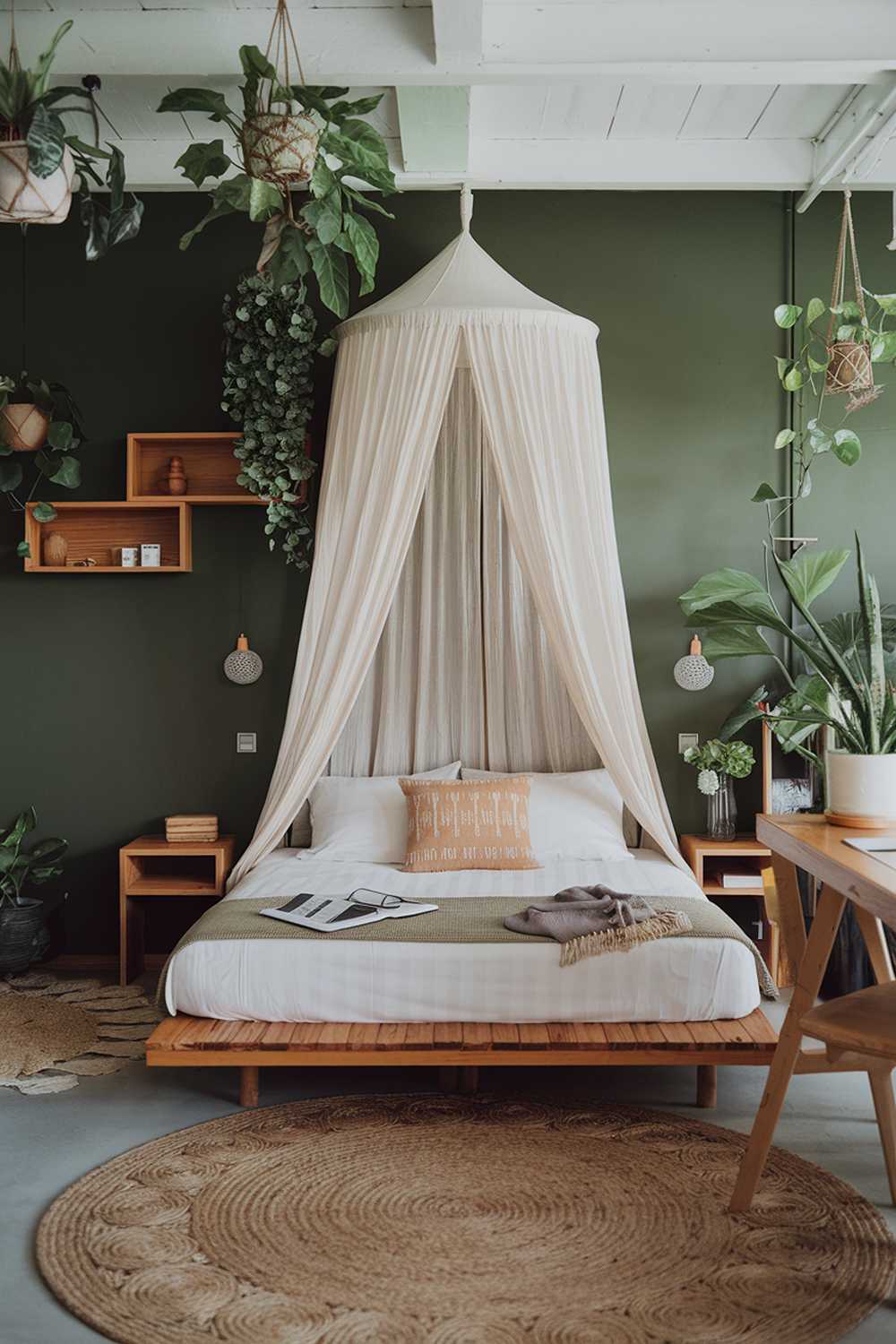 A cozy tropical japandi bedroom with a wooden platform bed, a white canopy, and a few pillows. The room has a green wall with plants hanging from the ceiling. There's a wooden desk with a potted plant and a few items. The floor is covered with a large rug. The room has a few wooden shelves with items.