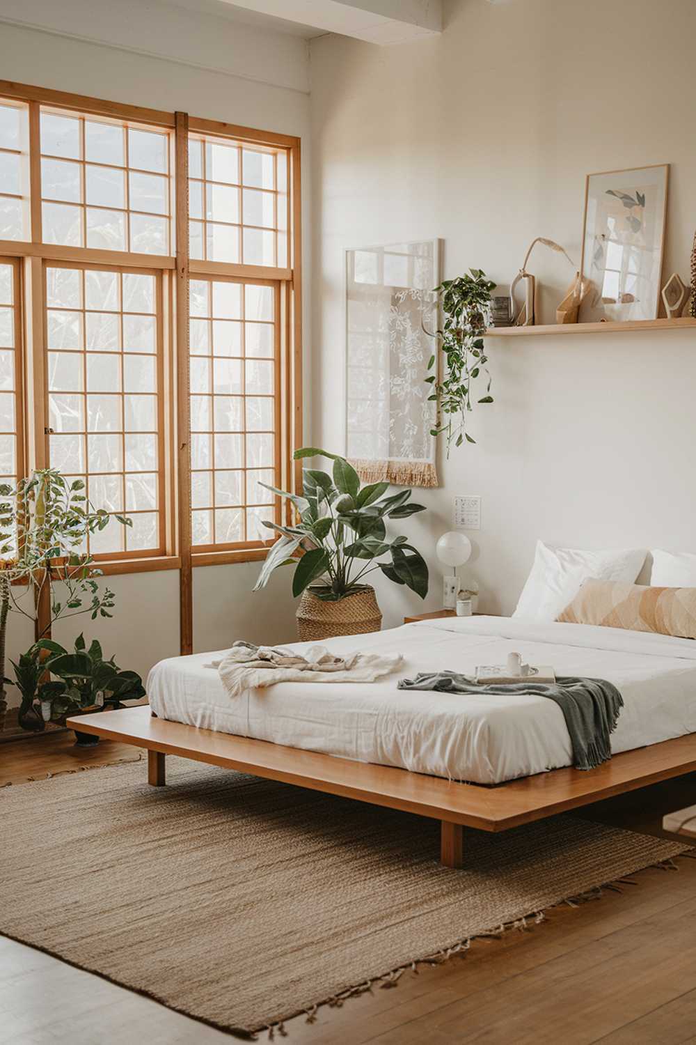 A cozy tropical japandi bedroom with a wooden platform bed, a woven rug, and a few pieces of furniture. There is a potted plant near the bed. The walls are painted white, and there is a shelf with decorative items. The room has large windows with wooden frames, allowing natural light to fill the space. The floor is made of wood.