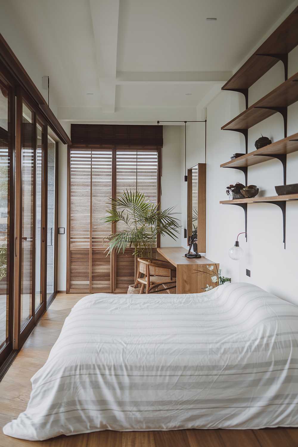 A modern tropical japandi bedroom with a king-size bed covered with a white duvet, placed against a wall with wooden shelves. The room has a floor-to-ceiling glass window with wooden blinds. A potted plant and a lamp are placed on the wooden shelf. A small dresser with a mirror is placed near the bed. The walls and ceiling are painted white. The floor is made of wood.