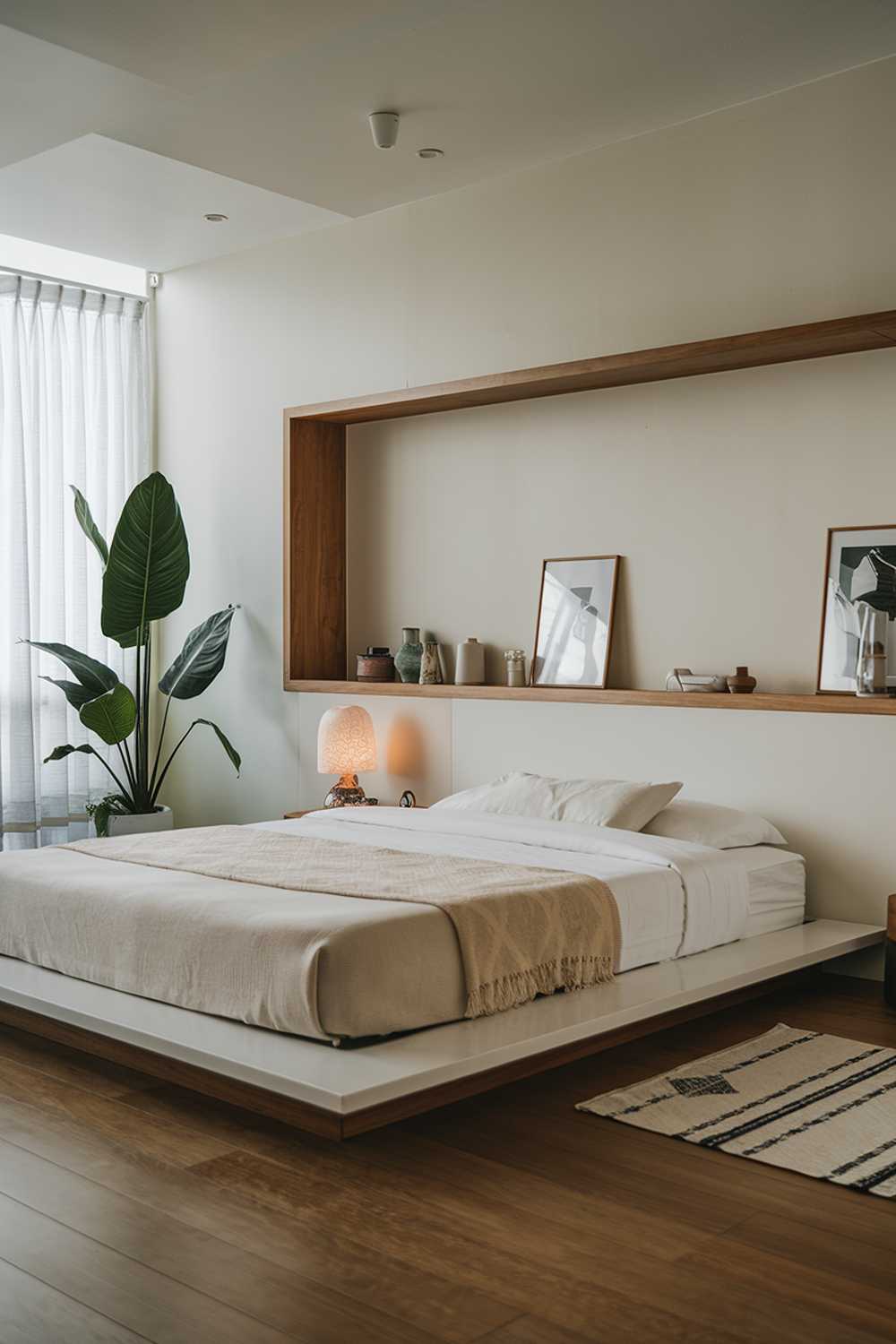 A modern tropical japandi bedroom. The room has a white platform bed with wooden legs and is covered with a beige blanket. There is a wooden shelf above the bed. The floor is made of wood. The walls are painted white. There is a green plant near the wall. The room has a few personal items, such as a lamp and a picture frame. The lighting is soft.