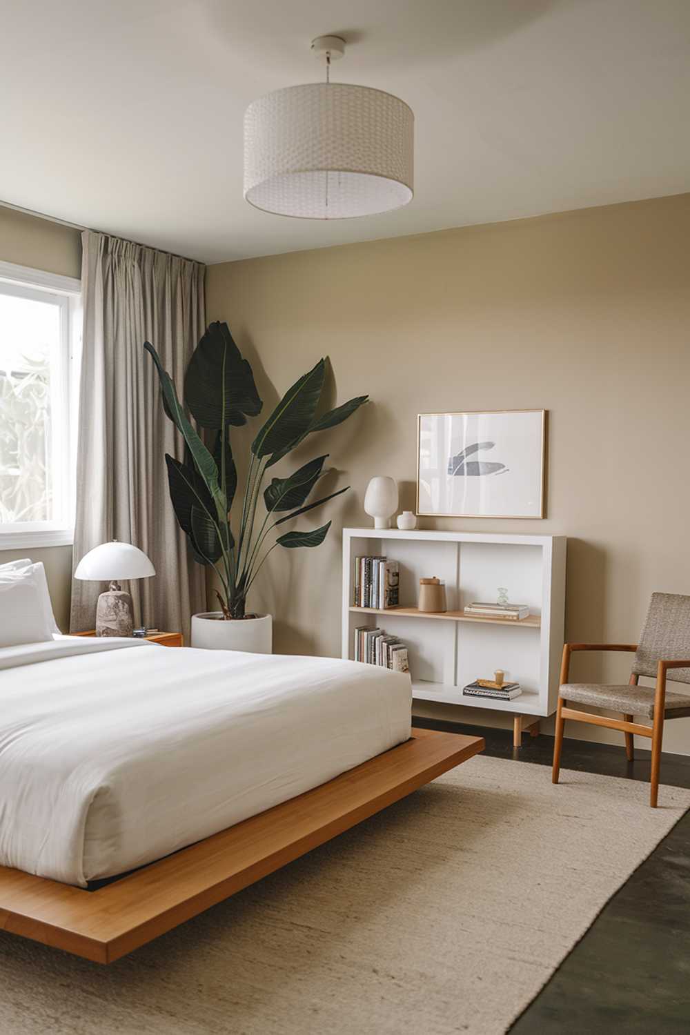 A modern tropical japandi bedroom. The room features a king-size wooden platform bed with white linens. A large potted plant sits beside the bed. A white bookshelf with a few books and decorative objects is placed against the wall. There's a wooden chair in the corner. The room has a beige rug and a white lampshade. The walls are painted beige.