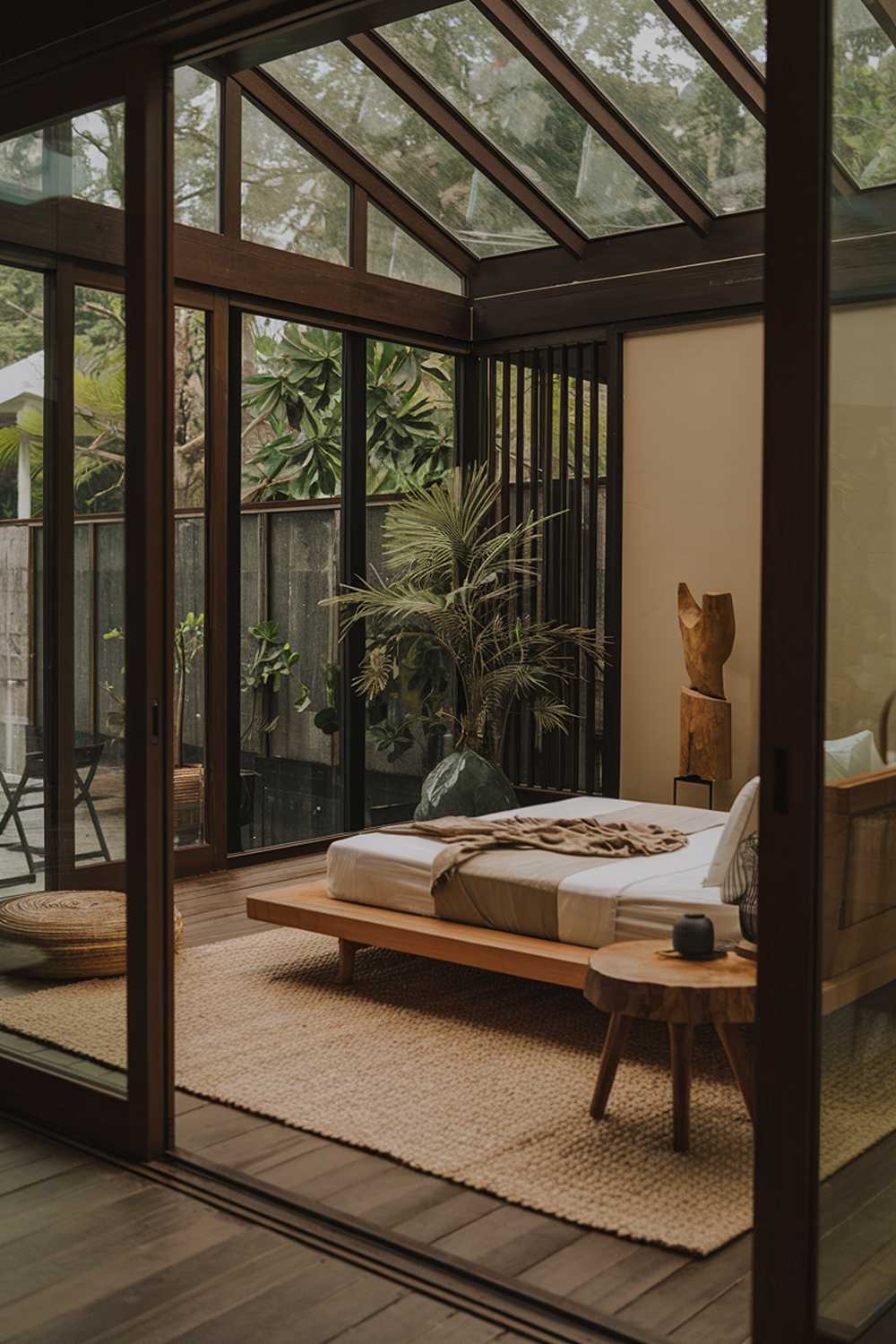 A tropical Japandi bedroom with a wooden platform bed, a woven rug, and a few simple pieces of furniture. The walls are made of glass, allowing for a view of the lush greenery outside. There's a small plant near the bed. The room has a minimalist design with a few decorative items, such as a wooden sculpture and a woven basket. The floor is made of wood.