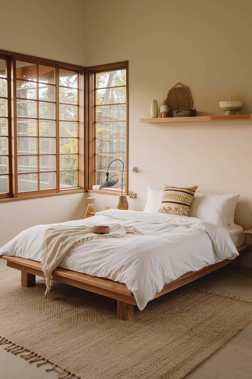 A tropical Japandi bedroom with a wooden structure bed, a white duvet, and a few pillows. There's a beige rug under the bed. On the wall above the bed, there's a wooden shelf with a few decorative items. The room has large windows with wooden frames, allowing natural light to fill the space. The walls are painted beige.