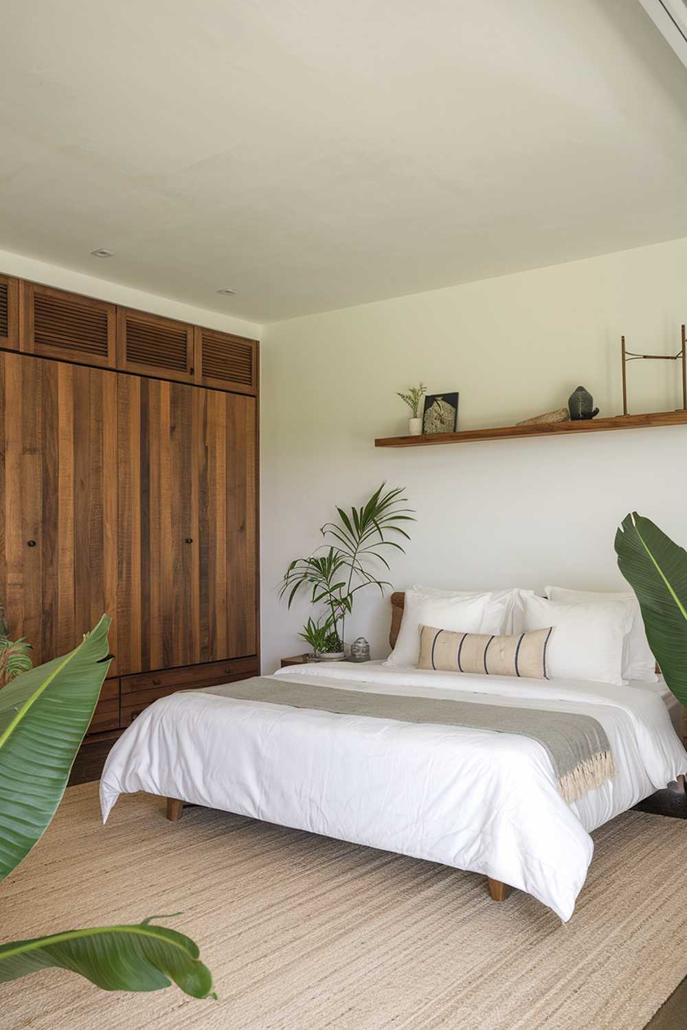 A tropical Japandi bedroom with a king-size bed, a wooden wardrobe, a wall-mounted shelf, and a few decorative items. The room has a white ceiling and walls. The floor is covered with a beige rug. There are green plants in the room. The lighting is soft.