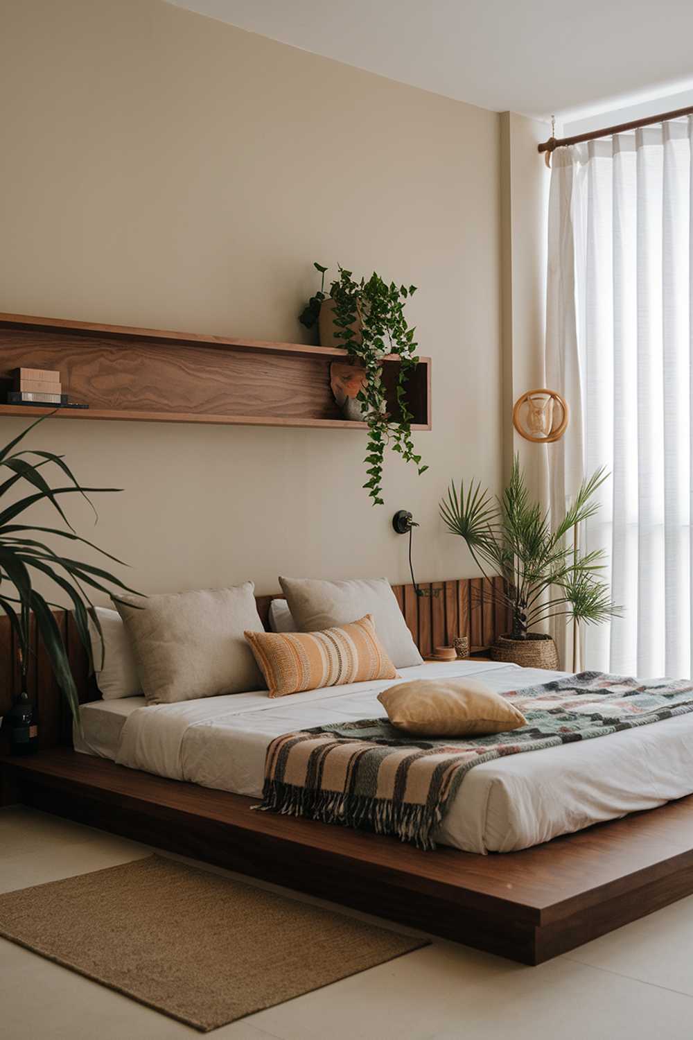 A tropical japandi bedroom with a king-size bed, a wooden platform, and a few pillows. There is a wall-mounted wooden shelf with a few items. The room has a few potted plants and a floor lamp. The walls are painted beige, and there is a white curtain near the window.