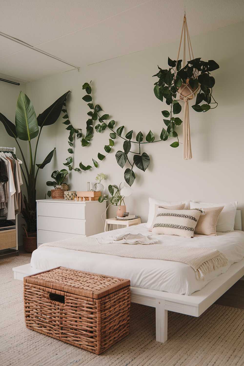 A tropical Japandi-style bedroom with a white wooden platform bed and a woven basket at the foot of the bed. There is a white ikea dresser with a few items. The walls are adorned with greenery, including a large potted plant and a hanging planter. The room has a beige rug and a few items of clothing. The lighting is soft.