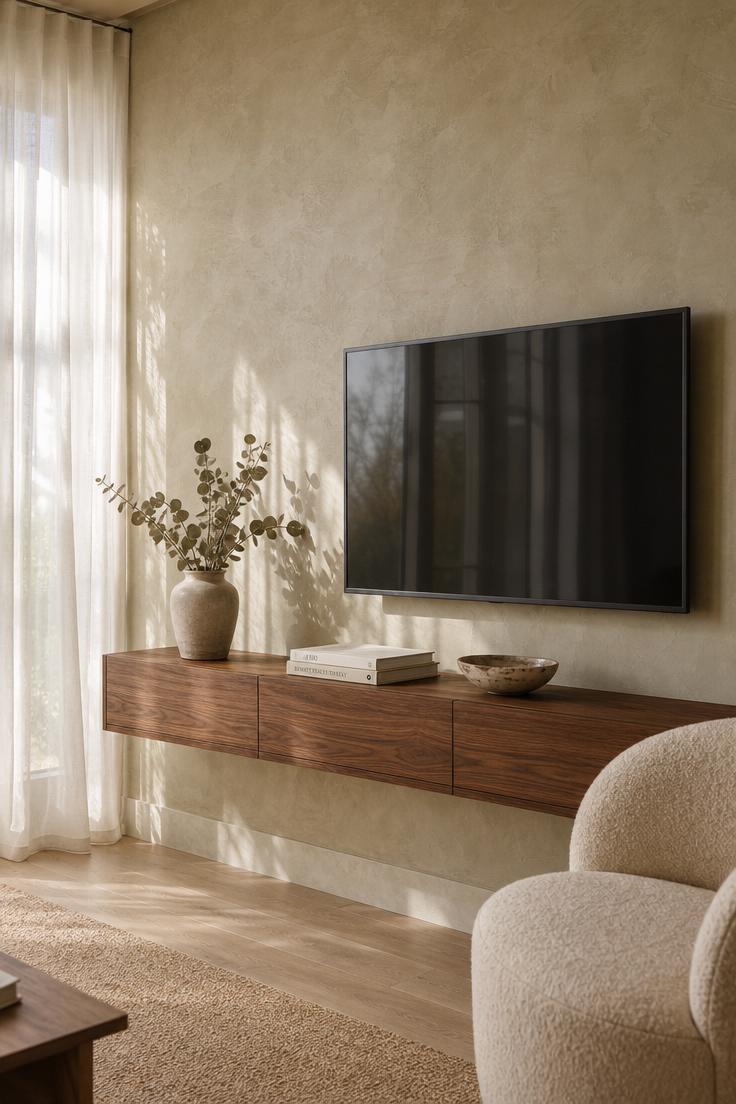 17 Fresh TV Wall Decor Ideas That Make the Screen Blend 1 Limewashed plaster wall with walnut floating console beneath a mounted TV in a sunlit living room