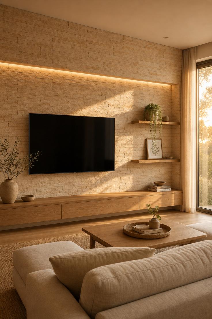 17 Fresh TV Wall Decor Ideas That Make the Screen Blend 2 Travertine ledger stone wall with recessed LED strip above a mounted TV during golden hour