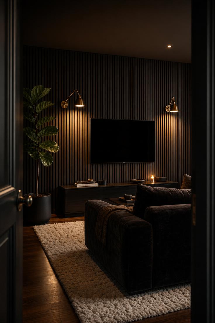 17 Fresh TV Wall Decor Ideas That Make the Screen Blend 3 Floor-to-ceiling black oak slat wall with brass sconces flanking a TV in a moody living room