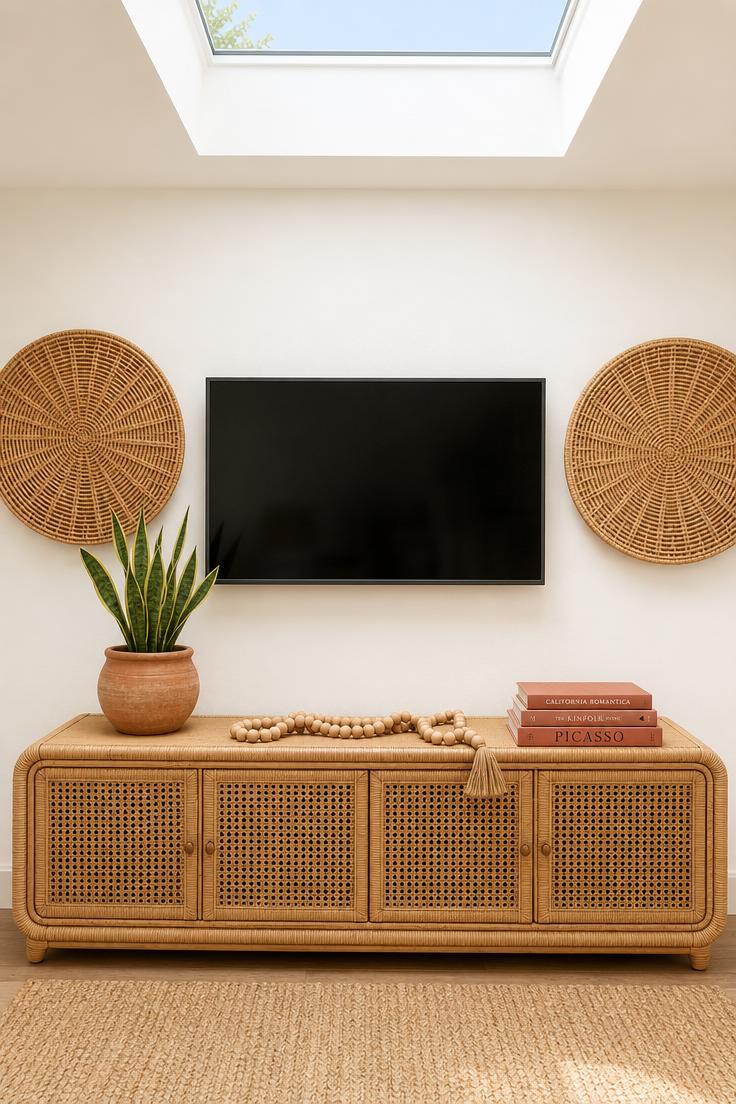 17 Fresh TV Wall Decor Ideas That Make the Screen Blend 4 Oversized woven rattan baskets flanking a wall-mounted TV above a rattan console in bright natural light