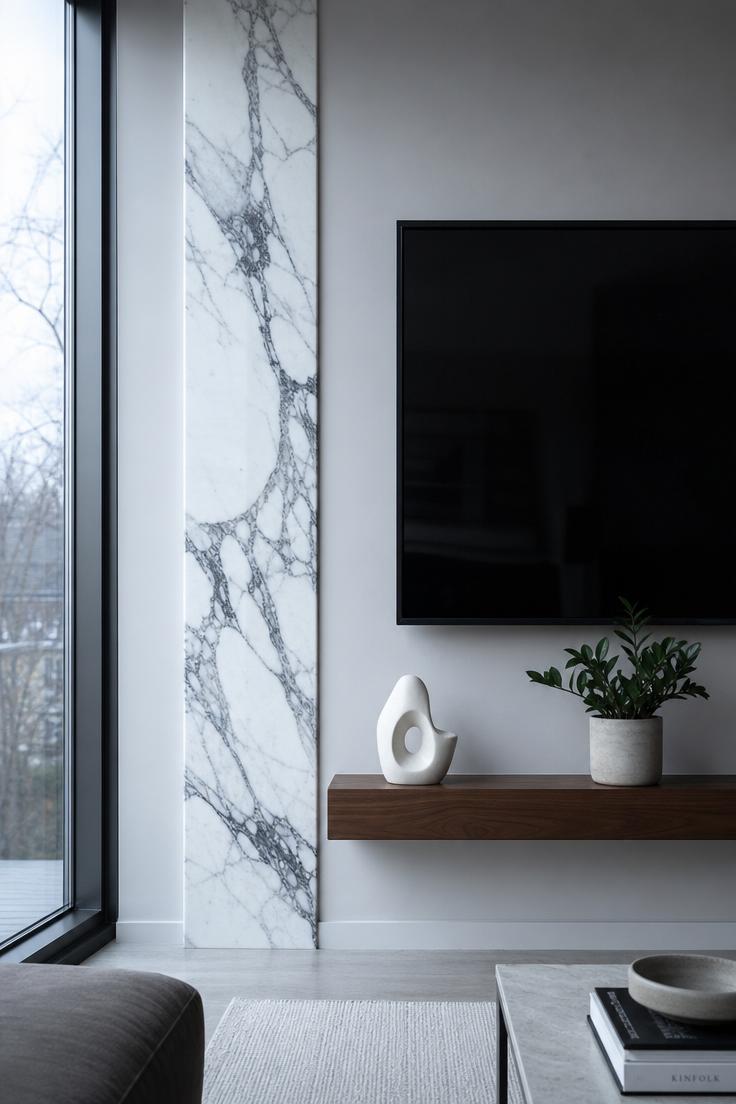 17 Fresh TV Wall Decor Ideas That Make the Screen Blend 5 Calacatta marble accent column beside a matte black framed TV in a cool-toned modern living room