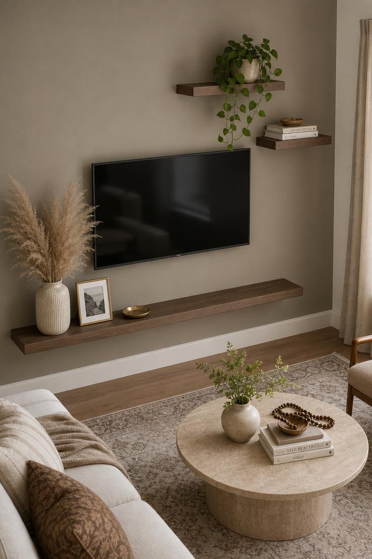 17 Fresh TV Wall Decor Ideas That Make the Screen Blend 6 Asymmetric floating shelves with dried pampas grass arrangement around a wall-mounted TV on a warm greige wall