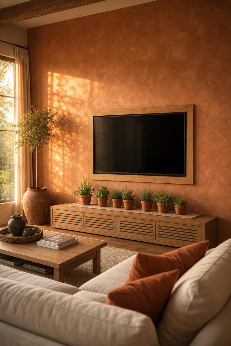 17 Fresh TV Wall Decor Ideas That Make the Screen Blend 7 Venetian plaster wall in warm clay tone with oak trim framing a TV above a slatted media console at golden hour