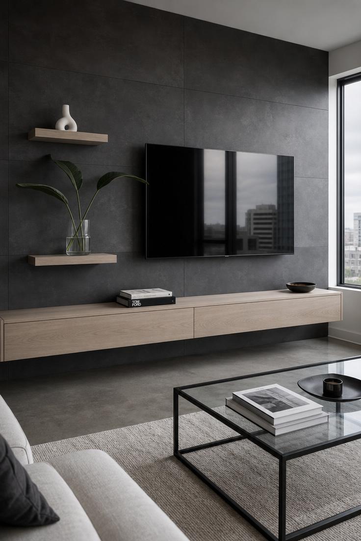 17 Fresh TV Wall Decor Ideas That Make the Screen Blend 8 Charcoal porcelain large-format tile wall with floating ash timber shelves and a wall-mounted TV in cool light